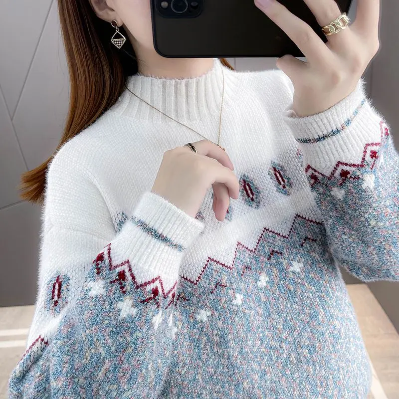 2023 Новый зимний вязаный свитер пуловер женская мода плюшевый утолщенный имитация норкового принта свободный топ с длинным рукавом B518 Изображение 0