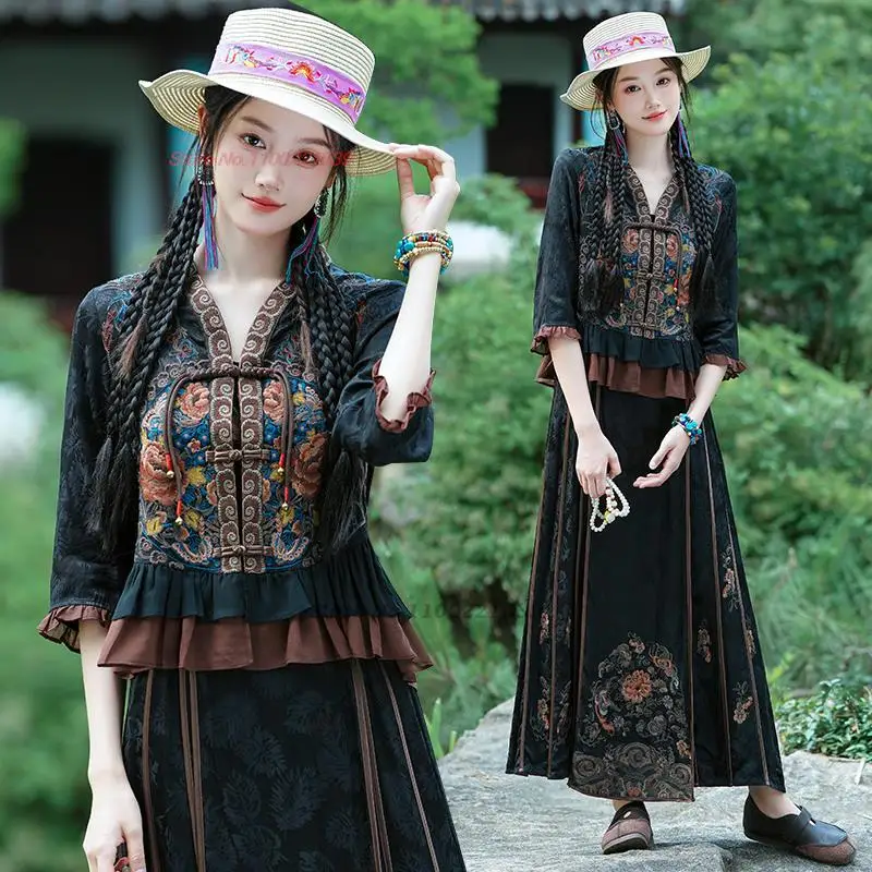 2024 китайская этническая блузка ханьфу национальная цветочная вышивка традиционная блузка с V-образным вырезом улучшенные топы ханьфу восточный костюм тан Изображение 0