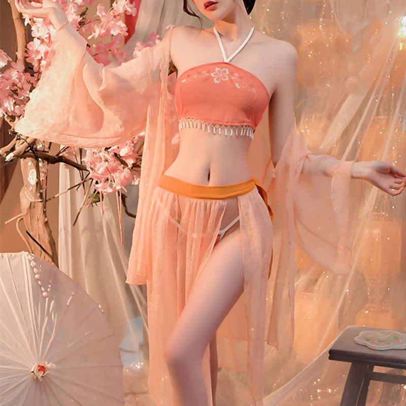 Китайская классическая сексуальная танцевальная одежда женщины нижнее белье ханьфу юбка косплей фея костюмы тонкая ночная рубашка принт прозрачная пижама Изображение 0