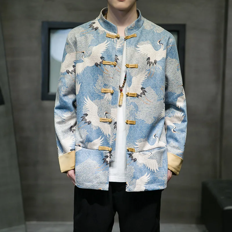 Мужской пиджак в китайском стиле, замшевая ткань, воротник-стойка с длинным рукавом, вышитая пряжка, костюм танг, улучшенная одежда Hanfu Autumn Coat Изображение 0
