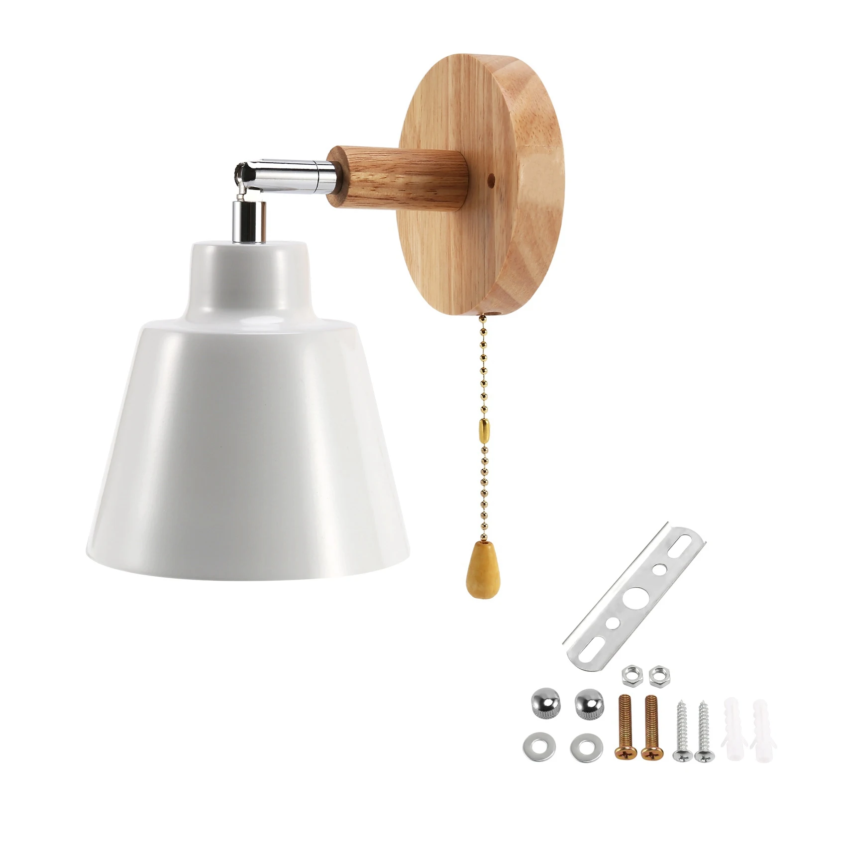 Скандинавский деревянный настенный светильник Прикроватная настенная лампа Бра Настенный светильник для спальни Коридор с переключателем молнии Свободно вращающийся (белый) Изображение 0