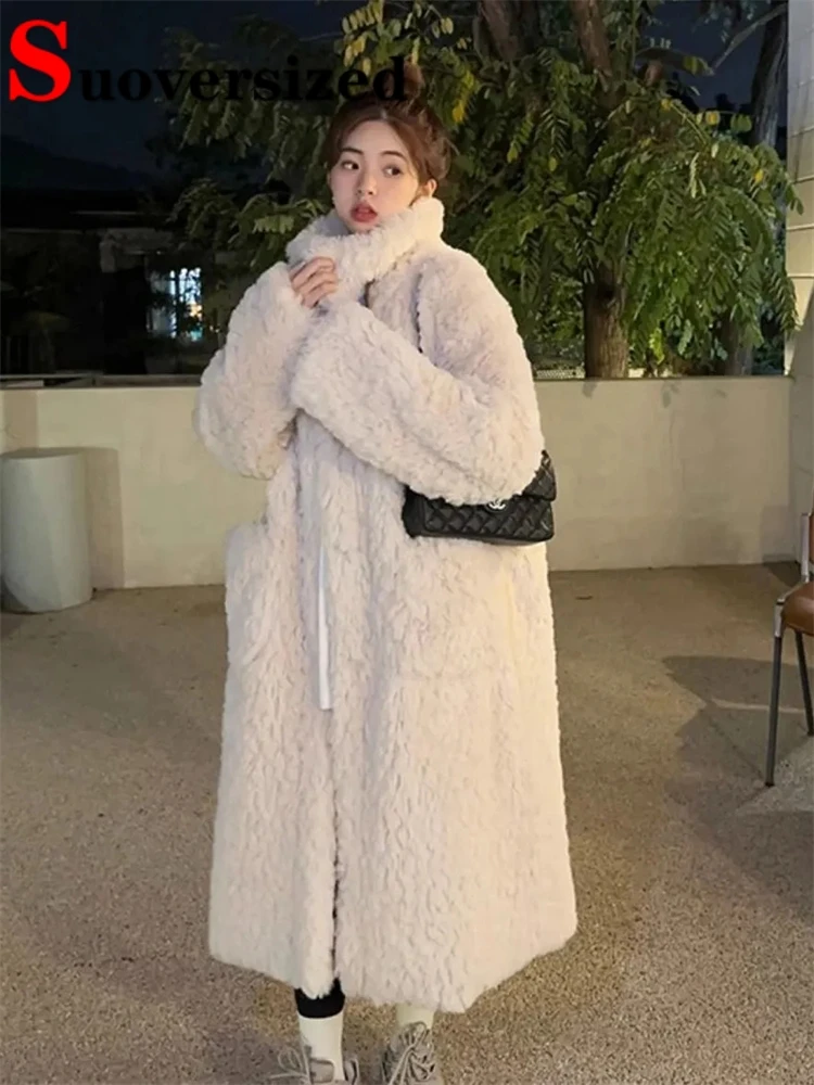 утолщение длинных пальто из искусственной шерсти из овечьей шерсти воротник-стойка теплые зимние куртки высокое качество женские куртки корейский элегантный меховой шуба Изображение 0