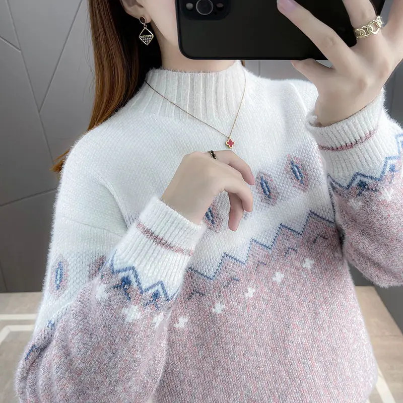 2023 Новый зимний вязаный свитер пуловер женская мода плюшевый утолщенный имитация норкового принта свободный топ с длинным рукавом B518 Изображение 1