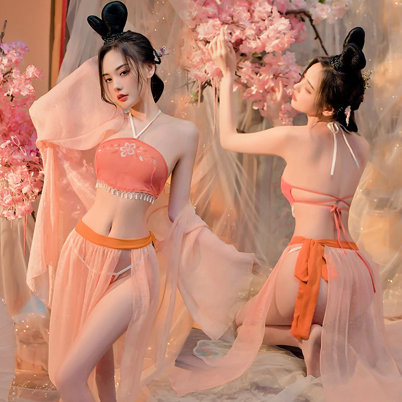 Китайская классическая сексуальная танцевальная одежда женщины нижнее белье ханьфу юбка косплей фея костюмы тонкая ночная рубашка принт прозрачная пижама Изображение 1