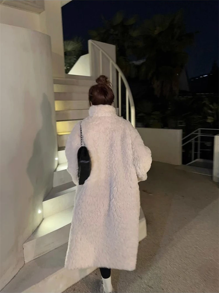 утолщение длинных пальто из искусственной шерсти из овечьей шерсти воротник-стойка теплые зимние куртки высокое качество женские куртки корейский элегантный меховой шуба Изображение 1