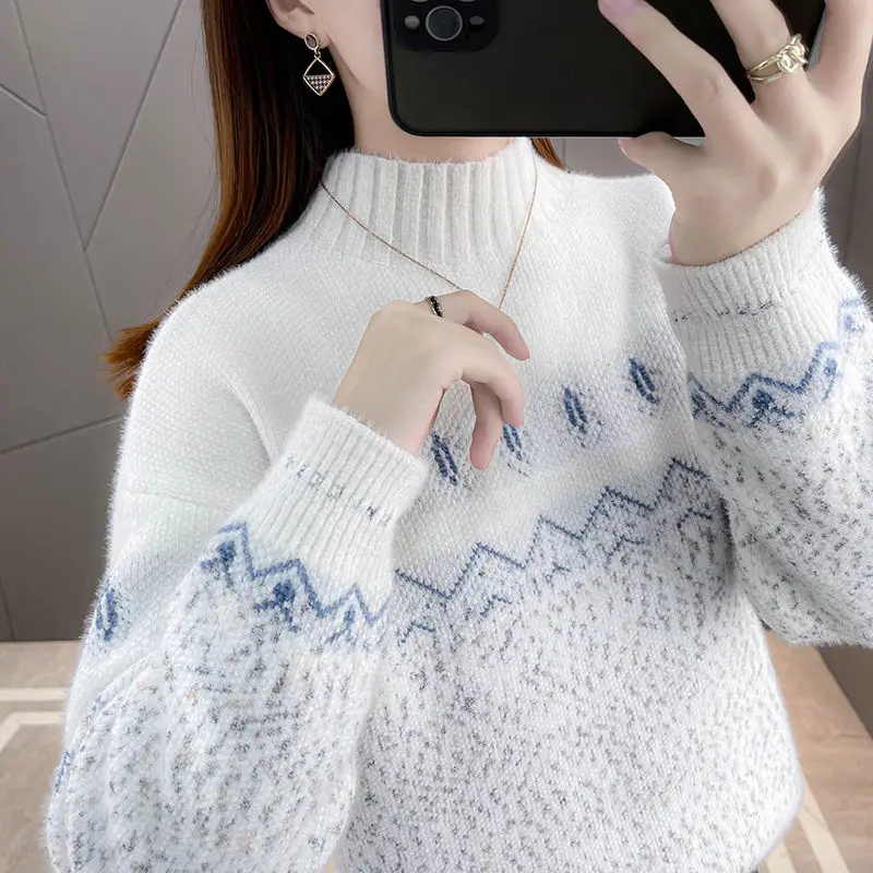 2023 Новый зимний вязаный свитер пуловер женская мода плюшевый утолщенный имитация норкового принта свободный топ с длинным рукавом B518 Изображение 2