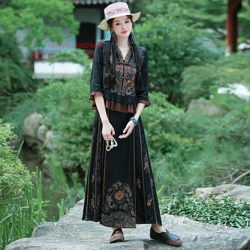 2024 китайская этническая блузка ханьфу национальная цветочная вышивка традиционная блузка с V-образным вырезом улучшенные топы ханьфу восточный костюм тан Изображение 2