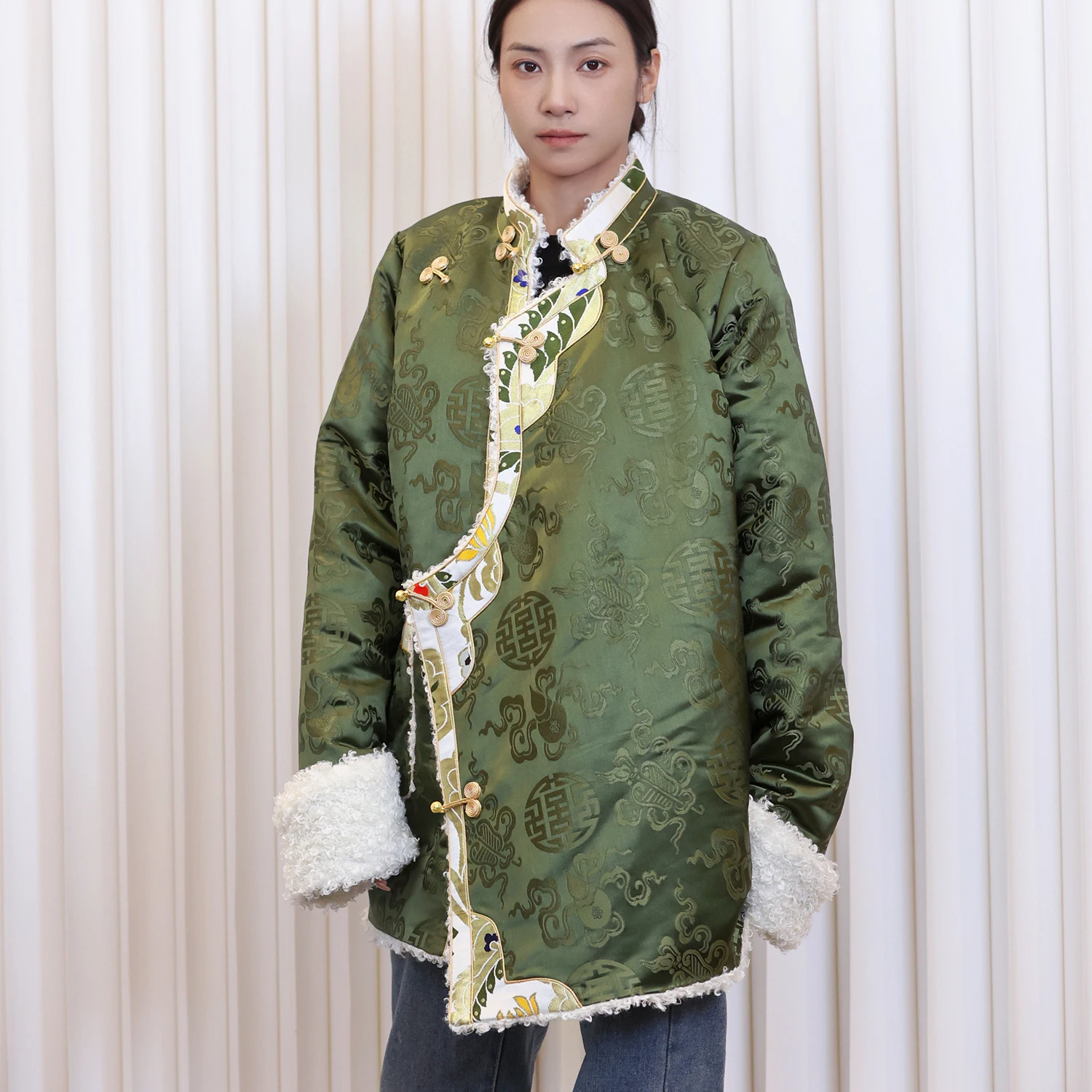  Зеленый Топ Зимнее пальто с хлопковой подкладкой Женская утолщенная хлопковая подкладка Тибетская одежда День Повседневная одежда Куртка Изображение 2