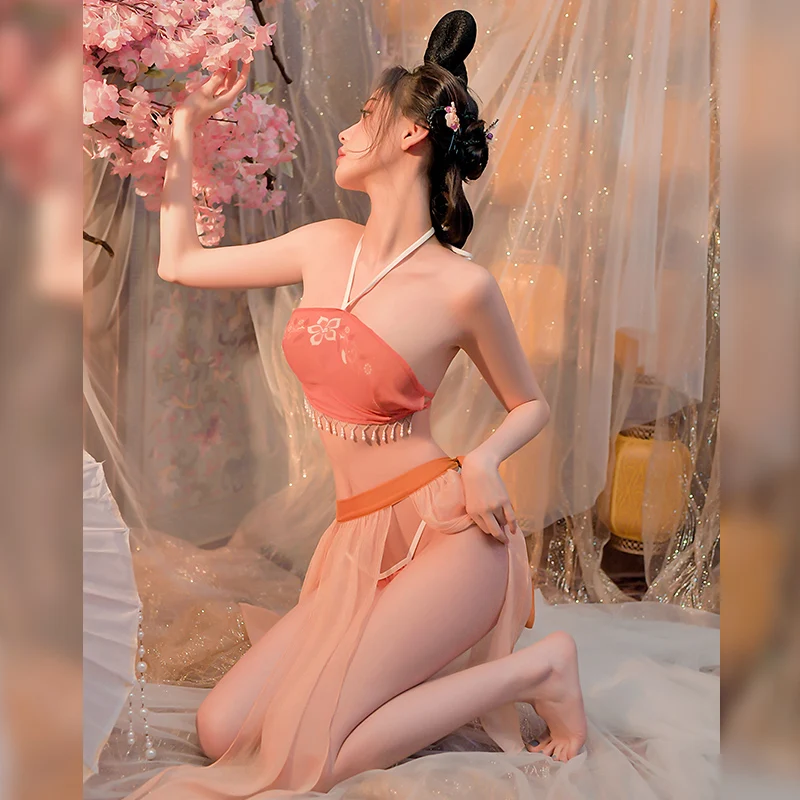 Китайская классическая сексуальная танцевальная одежда женщины нижнее белье ханьфу юбка косплей фея костюмы тонкая ночная рубашка принт прозрачная пижама Изображение 2