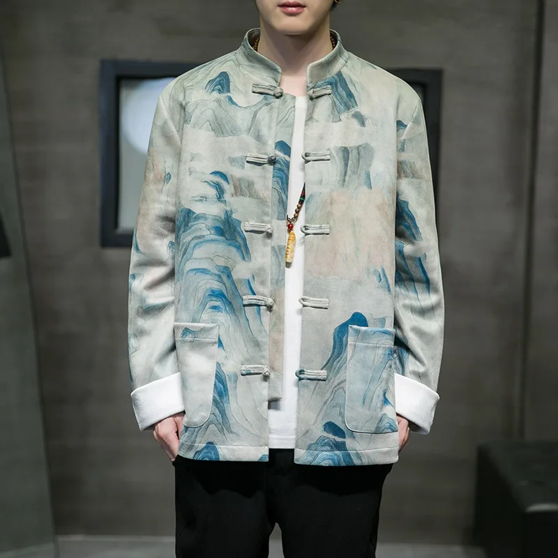 Мужской пиджак в китайском стиле, замшевая ткань, воротник-стойка с длинным рукавом, вышитая пряжка, костюм танг, улучшенная одежда Hanfu Autumn Coat Изображение 2