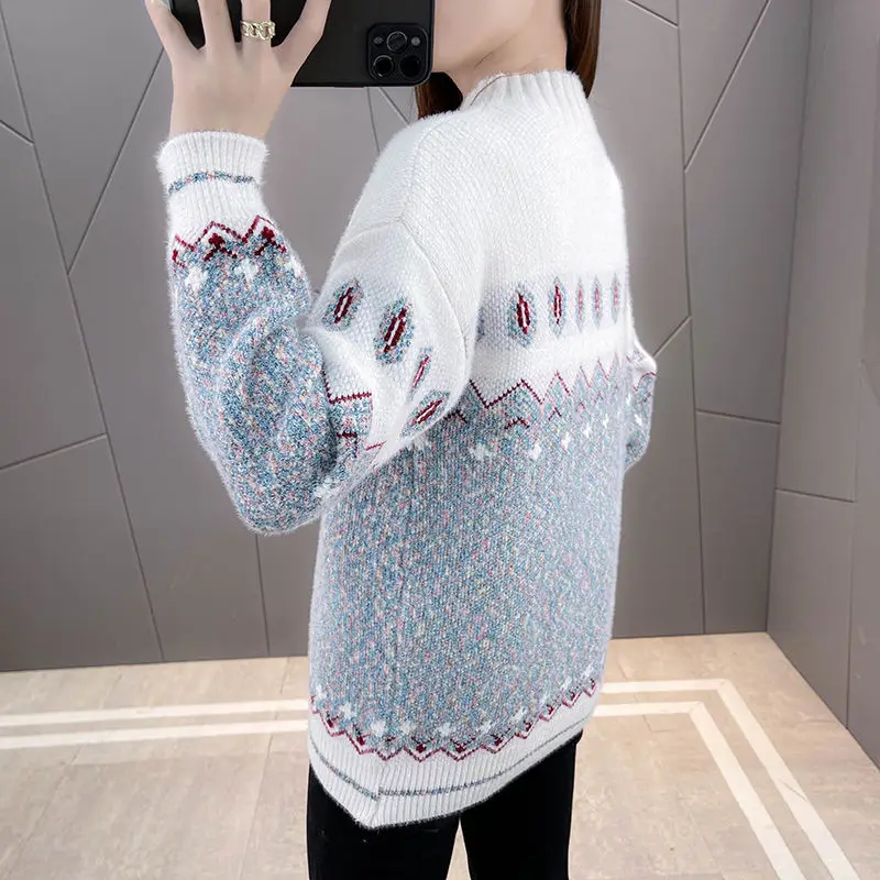 2023 Новый зимний вязаный свитер пуловер женская мода плюшевый утолщенный имитация норкового принта свободный топ с длинным рукавом B518 Изображение 3