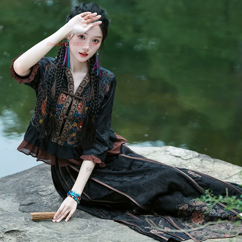 2024 китайская этническая блузка ханьфу национальная цветочная вышивка традиционная блузка с V-образным вырезом улучшенные топы ханьфу восточный костюм тан Изображение 3