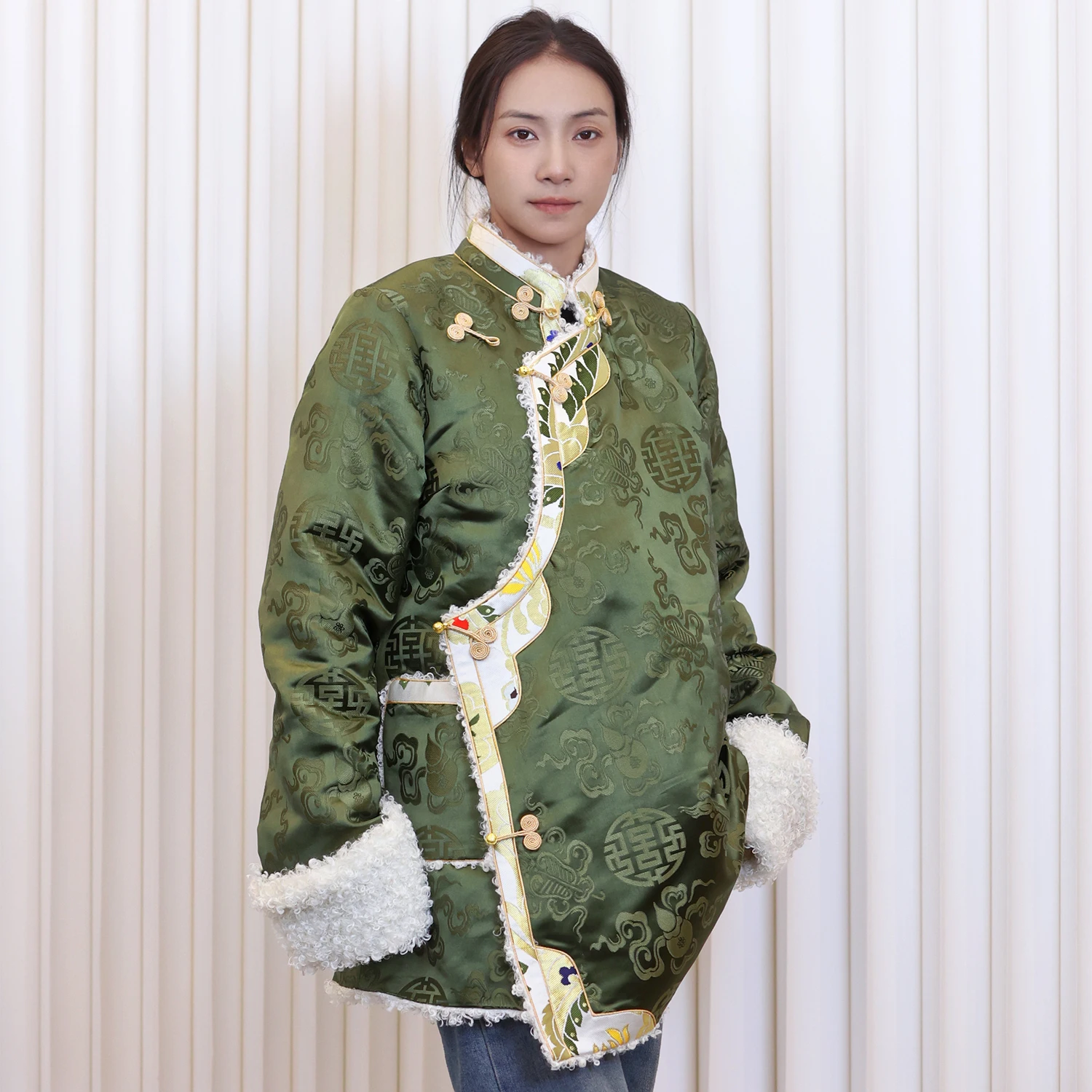  Зеленый Топ Зимнее пальто с хлопковой подкладкой Женская утолщенная хлопковая подкладка Тибетская одежда День Повседневная одежда Куртка Изображение 3