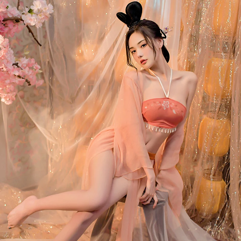 Китайская классическая сексуальная танцевальная одежда женщины нижнее белье ханьфу юбка косплей фея костюмы тонкая ночная рубашка принт прозрачная пижама Изображение 3