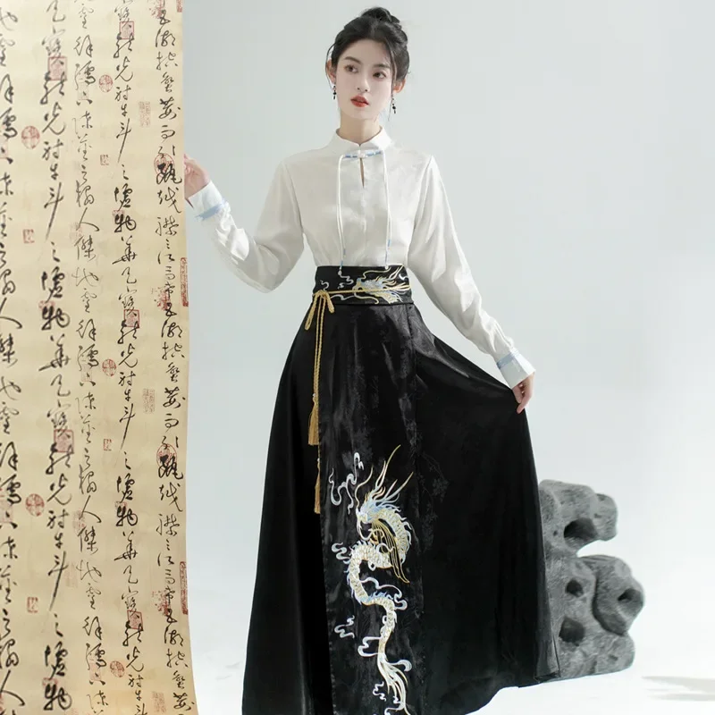 Китайский стиль Улучшенная династия Мин Изысканная юбка с принтом на лошадином лице Женщины с высокой талией Всематчевая плиссированная мини-юбка с лошадиным лицом Изображение 3