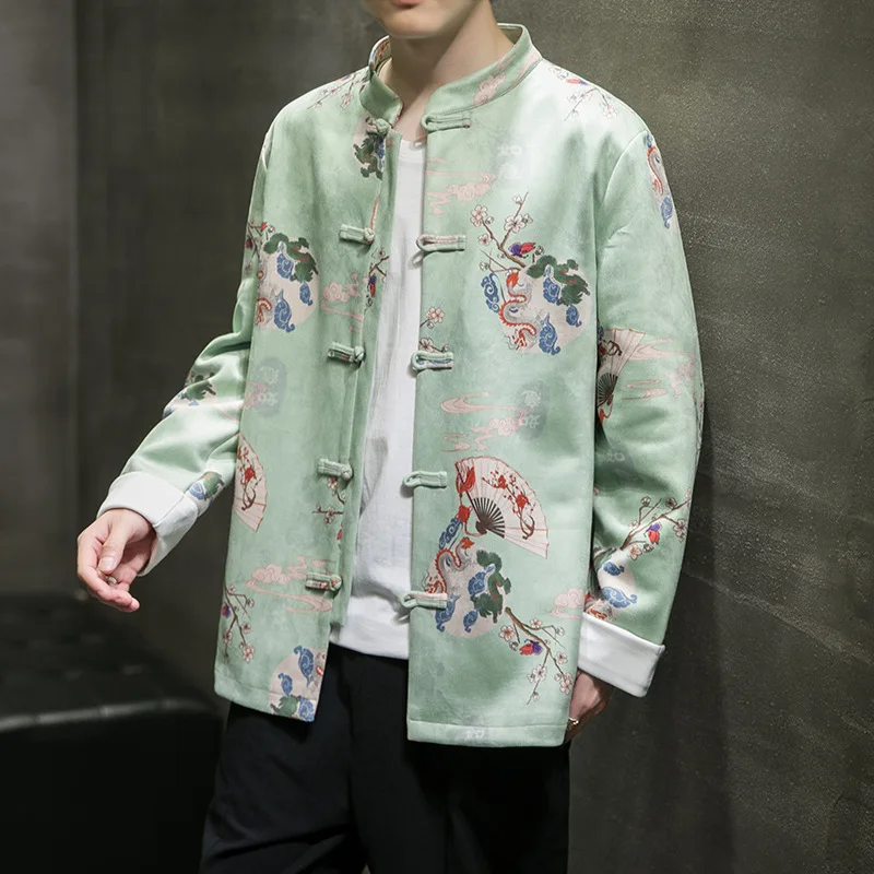 Мужской пиджак в китайском стиле, замшевая ткань, воротник-стойка с длинным рукавом, вышитая пряжка, костюм танг, улучшенная одежда Hanfu Autumn Coat Изображение 3