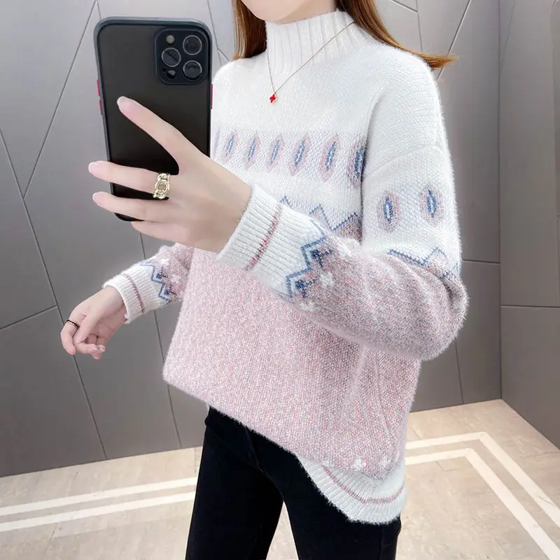 2023 Новый зимний вязаный свитер пуловер женская мода плюшевый утолщенный имитация норкового принта свободный топ с длинным рукавом B518 Изображение 4