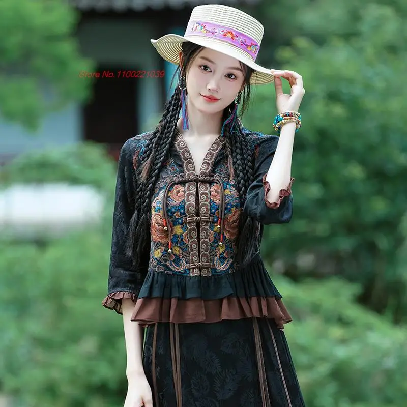 2024 китайская этническая блузка ханьфу национальная цветочная вышивка традиционная блузка с V-образным вырезом улучшенные топы ханьфу восточный костюм тан Изображение 4