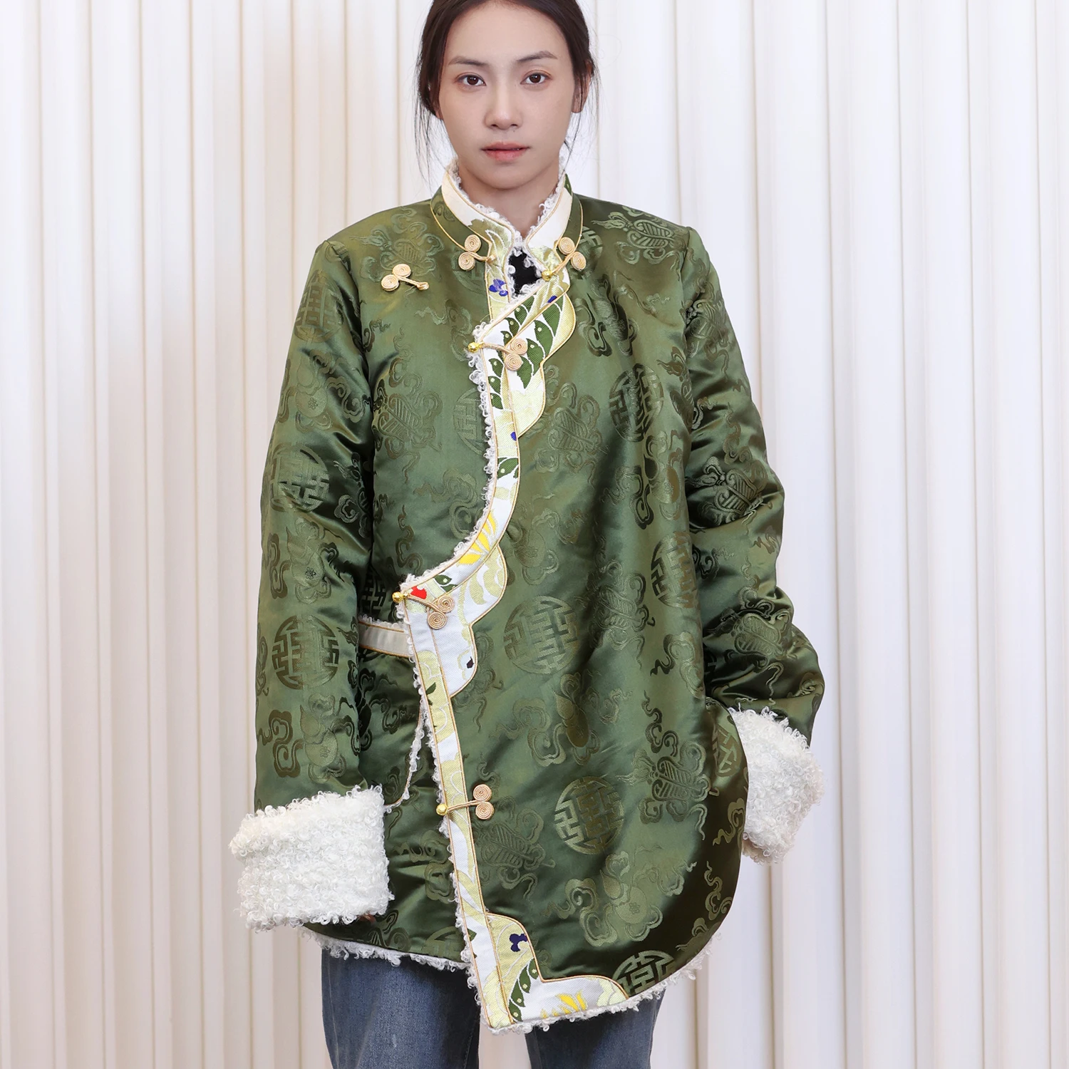  Зеленый Топ Зимнее пальто с хлопковой подкладкой Женская утолщенная хлопковая подкладка Тибетская одежда День Повседневная одежда Куртка Изображение 4