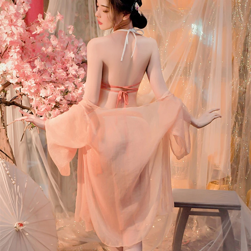 Китайская классическая сексуальная танцевальная одежда женщины нижнее белье ханьфу юбка косплей фея костюмы тонкая ночная рубашка принт прозрачная пижама Изображение 4