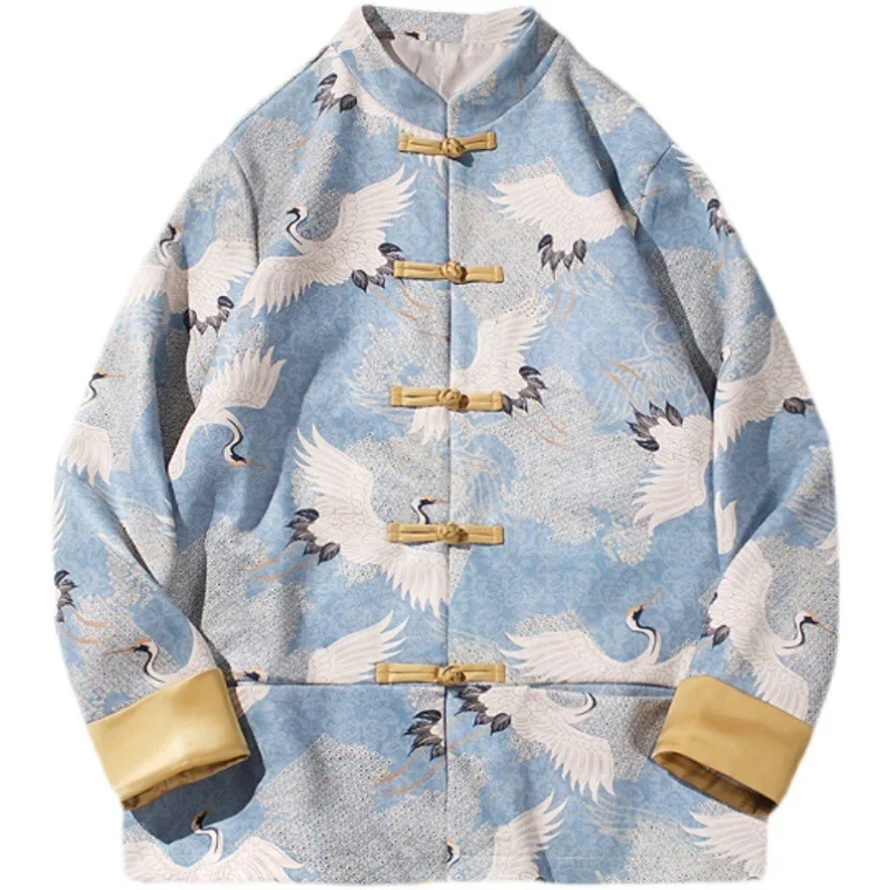 Мужской пиджак в китайском стиле, замшевая ткань, воротник-стойка с длинным рукавом, вышитая пряжка, костюм танг, улучшенная одежда Hanfu Autumn Coat Изображение 4