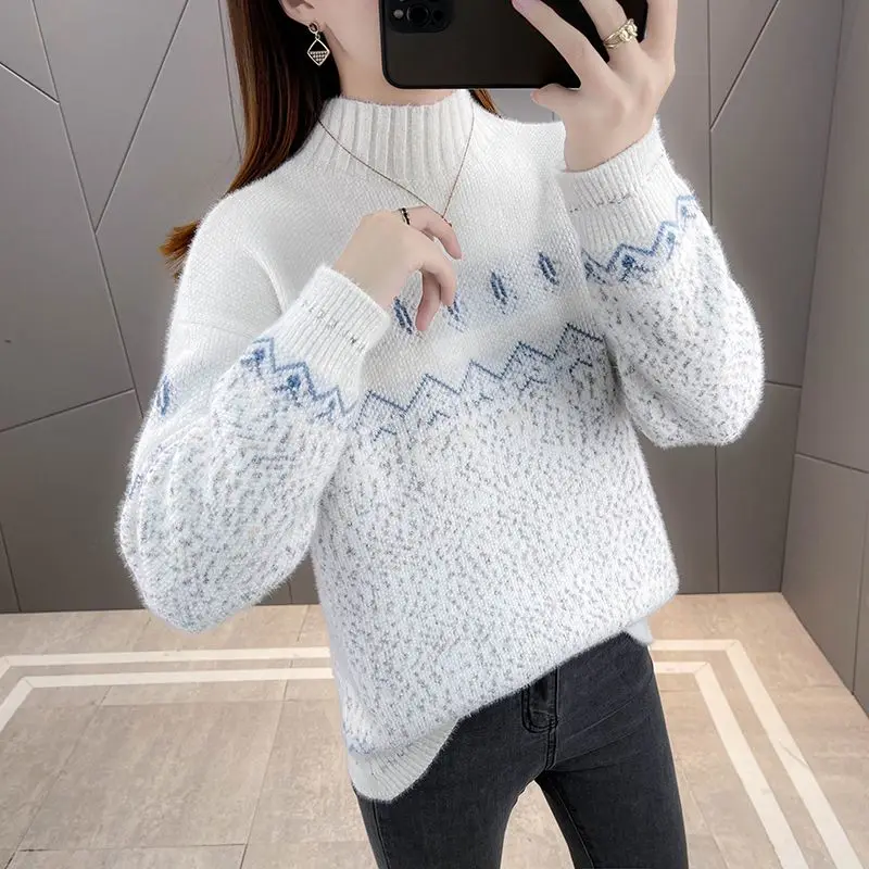 2023 Новый зимний вязаный свитер пуловер женская мода плюшевый утолщенный имитация норкового принта свободный топ с длинным рукавом B518 Изображение 5
