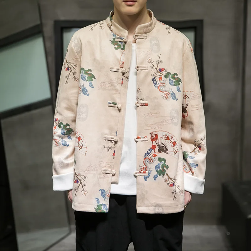 Мужской пиджак в китайском стиле, замшевая ткань, воротник-стойка с длинным рукавом, вышитая пряжка, костюм танг, улучшенная одежда Hanfu Autumn Coat Изображение 5